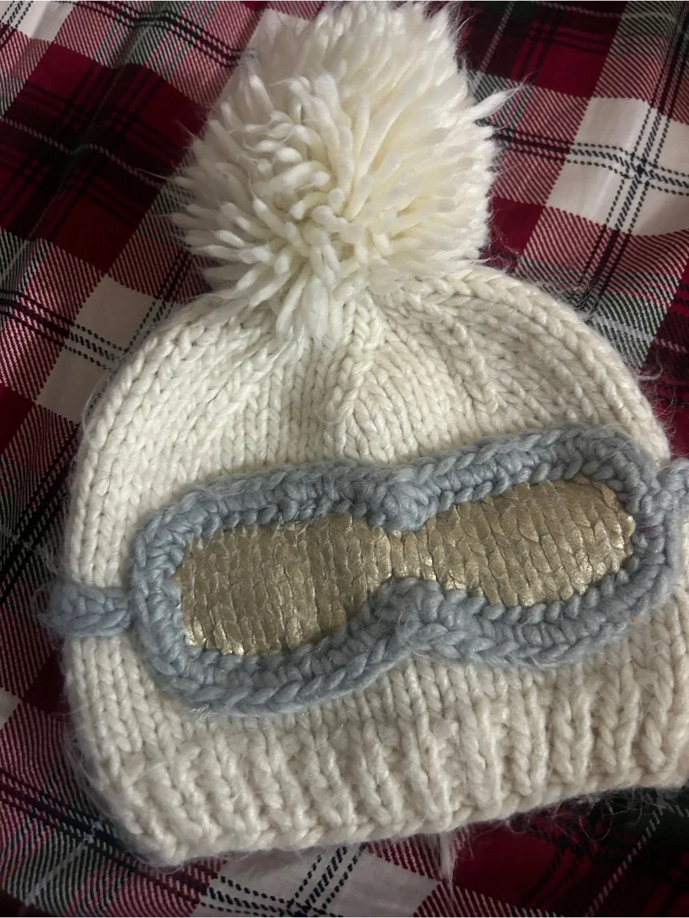 Kids Cream Knit Pom Beanie with Gold Sleep Mask Accent